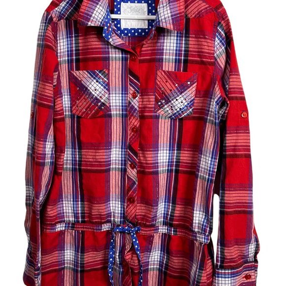 Justice Girls 14 Plaid Button Down Shirt Red Blue Long Sleeve Tie Waist Fall - Picture 1 of 9